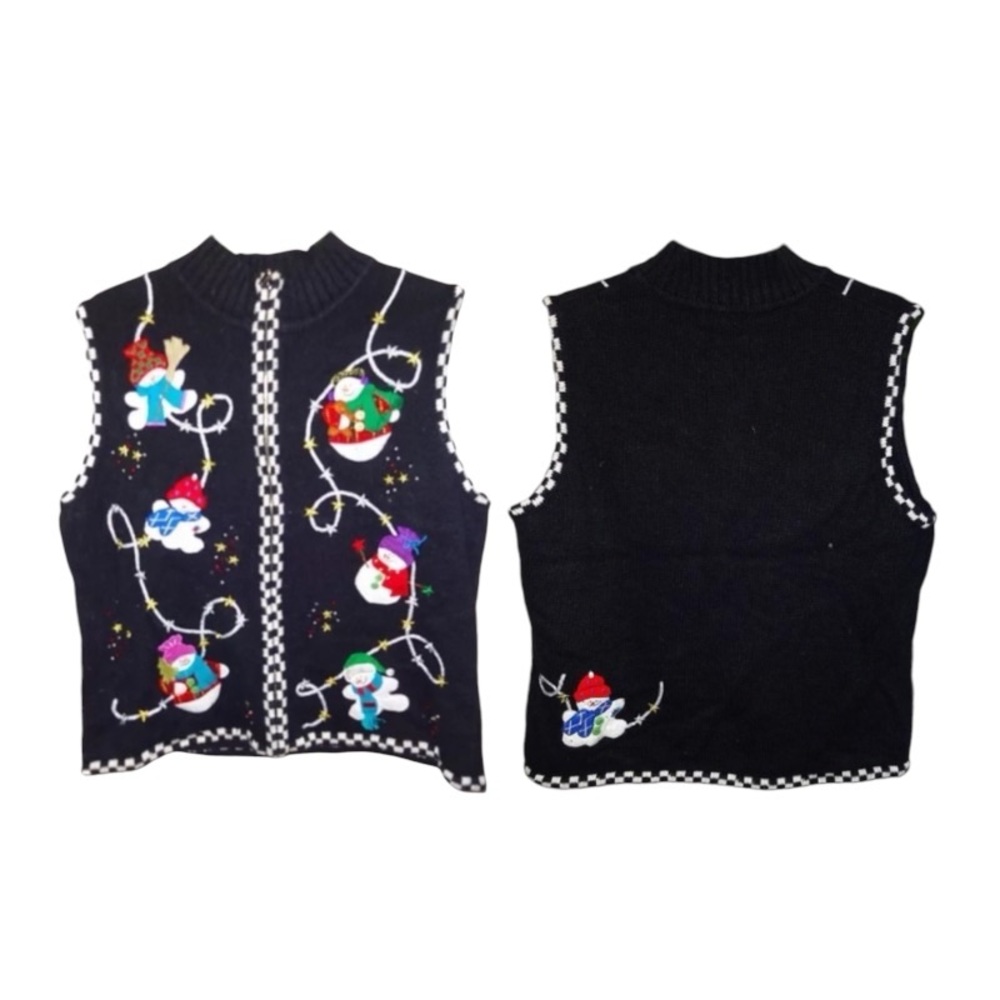 Ugly Christmas Sweater Winner Vest Large Checkerboard Trim Beads Appliqués